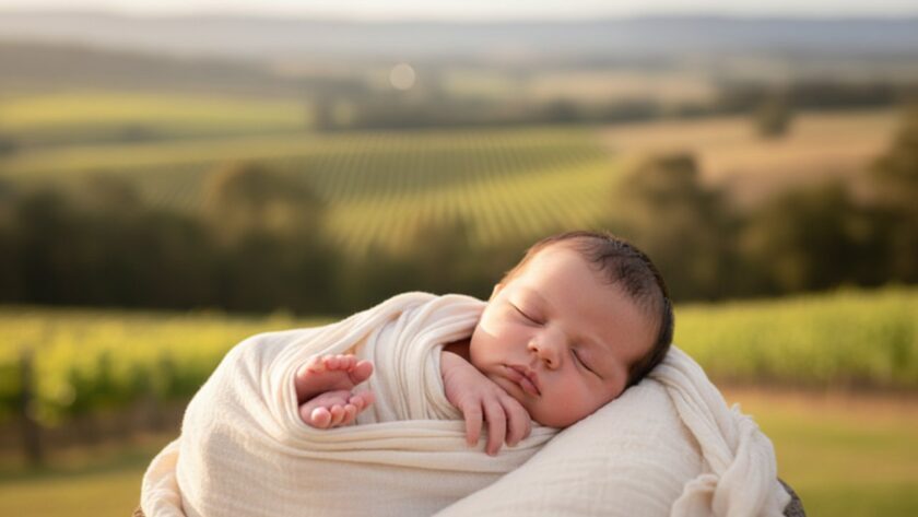 An emotionally resonant, epic moment photograph capturing Dixons Creek newborn photography Yarra Valley memories, featuring a sleeping baby wrapped in soft cream fabric amidst a gentle, sunlit natural setting, with a hint of the Yarra Valley's lush greenery in the blurred background. The baby is cradled safely, evoking warmth and serenity, with delicate light illuminating their tiny features.