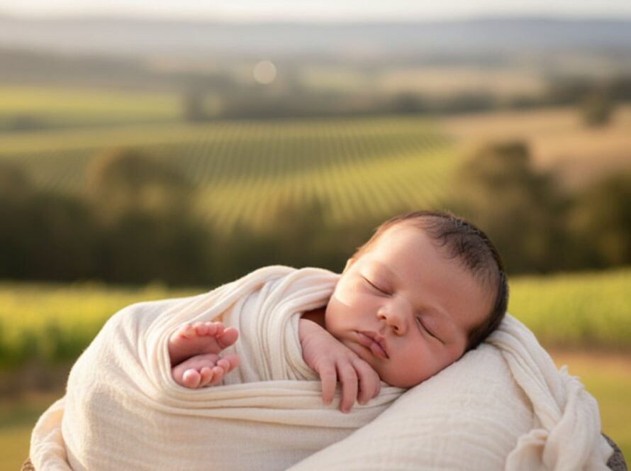 An emotionally resonant, epic moment photograph capturing Dixons Creek newborn photography Yarra Valley memories, featuring a sleeping baby wrapped in soft cream fabric amidst a gentle, sunlit natural setting, with a hint of the Yarra Valley's lush greenery in the blurred background. The baby is cradled safely, evoking warmth and serenity, with delicate light illuminating their tiny features.