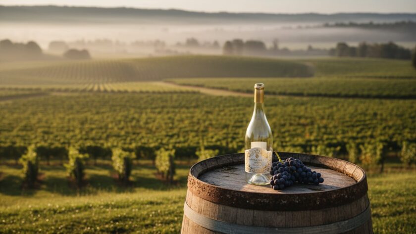 An aerial view capturing an epic moment of a sun-drenched vineyard in Dixons Creek at harvest time, with a sleek bottle of local wine perfectly placed in the foreground, ready for Dixons Creek winery branding photography solutions.