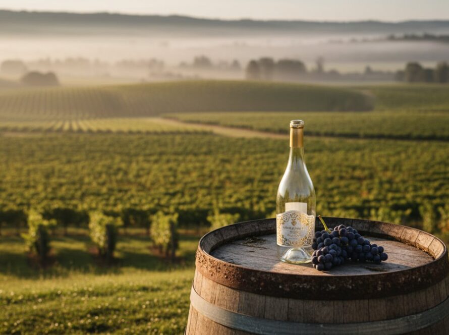 An aerial view capturing an epic moment of a sun-drenched vineyard in Dixons Creek at harvest time, with a sleek bottle of local wine perfectly placed in the foreground, ready for Dixons Creek winery branding photography solutions.