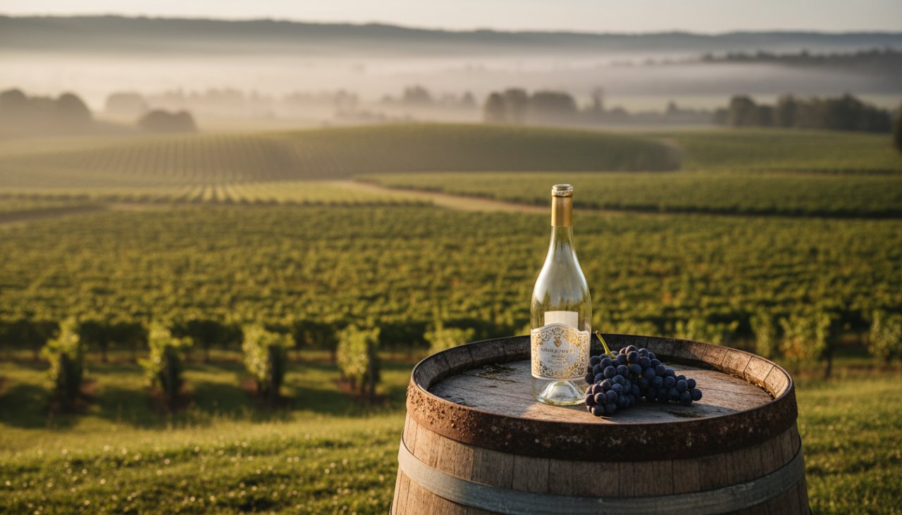 An aerial view capturing an epic moment of a sun-drenched vineyard in Dixons Creek at harvest time, with a sleek bottle of local wine perfectly placed in the foreground, ready for Dixons Creek winery branding photography solutions.