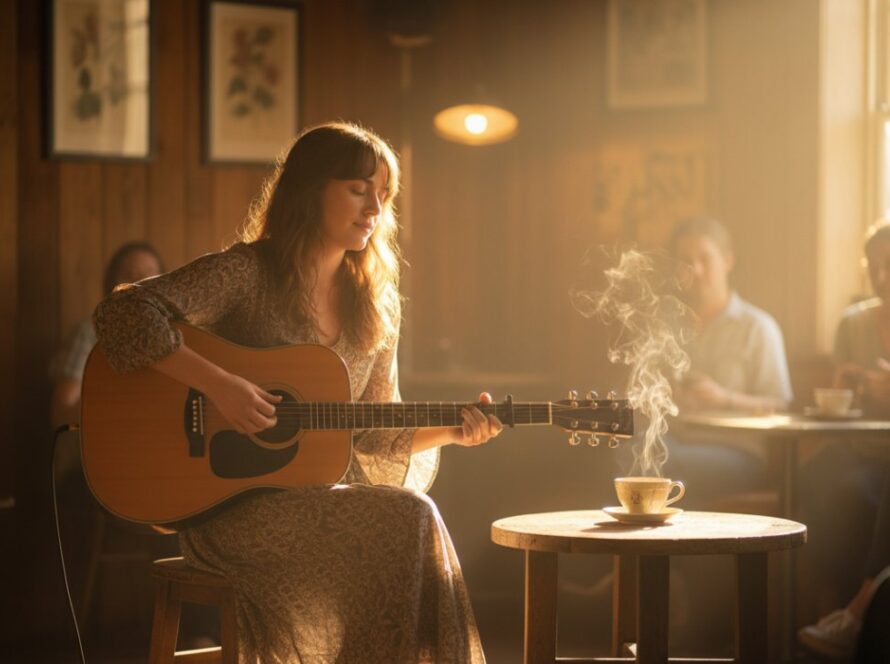 A dynamic, high-energy photograph capturing a guitarist mid-solo on a dimly lit stage at a Sassafras venue, perfectly illustrating the magic of Documenting Sassafras Acoustic Sessions Photography.