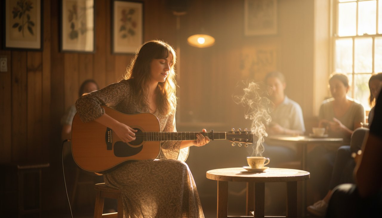 A dynamic, high-energy photograph capturing a guitarist mid-solo on a dimly lit stage at a Sassafras venue, perfectly illustrating the magic of Documenting Sassafras Acoustic Sessions Photography.