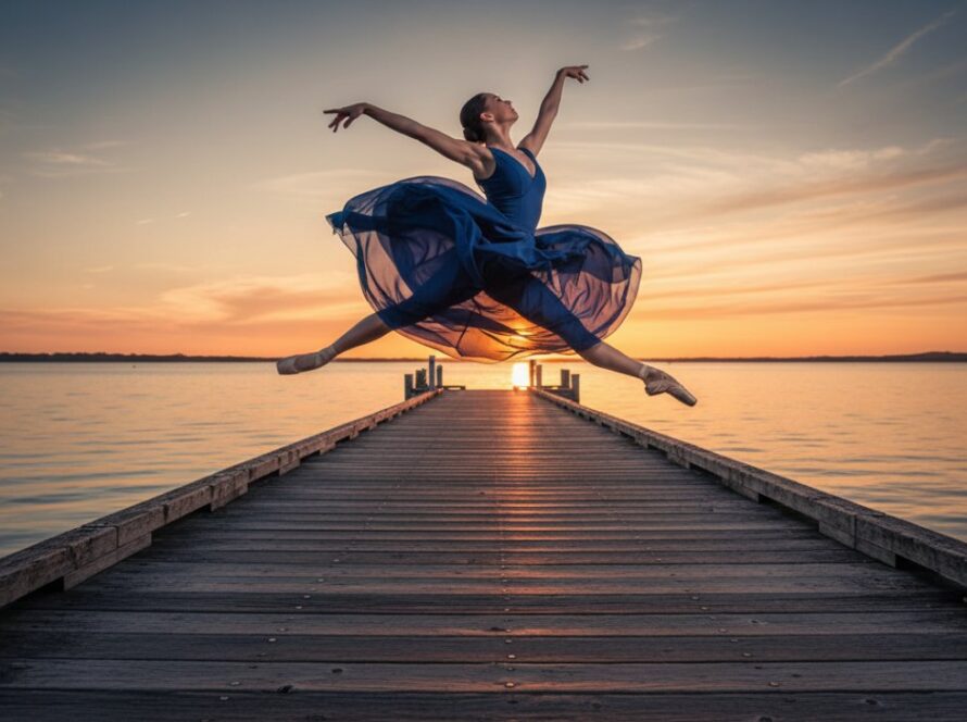 A solo ballerina in a flowing blue costume performs a dramatic leap en pointe on the weathered wooden planks of the Crib Point jetty at sunset, backdropped by the glowing Western Port Bay. This epic moment of dramatic ballet photography captures grace and power against the serene coastal landscape.
