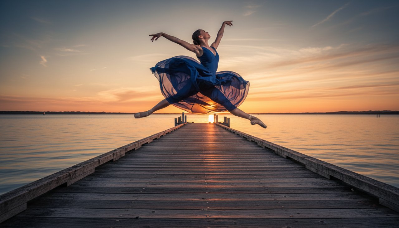 A solo ballerina in a flowing blue costume performs a dramatic leap en pointe on the weathered wooden planks of the Crib Point jetty at sunset, backdropped by the glowing Western Port Bay. This epic moment of dramatic ballet photography captures grace and power against the serene coastal landscape.