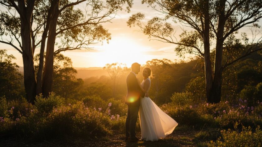 A stunning 'epic moment' photograph of a couple embracing amidst the golden hour glow in the lush Dandenong Ranges near Belgrave South, showcasing the dreamy Belgrave South pre-wedding photoshoot Yarra Ranges. The groom-to-be gently kisses the bride-to-be's forehead, surrounded by towering eucalyptus trees and soft, diffused light.