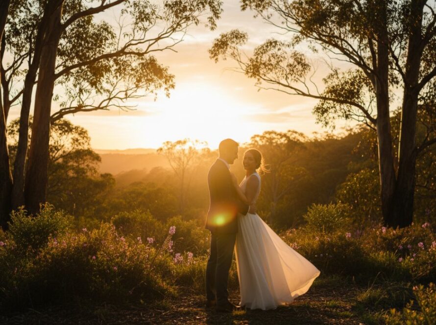 A stunning 'epic moment' photograph of a couple embracing amidst the golden hour glow in the lush Dandenong Ranges near Belgrave South, showcasing the dreamy Belgrave South pre-wedding photoshoot Yarra Ranges. The groom-to-be gently kisses the bride-to-be's forehead, surrounded by towering eucalyptus trees and soft, diffused light.