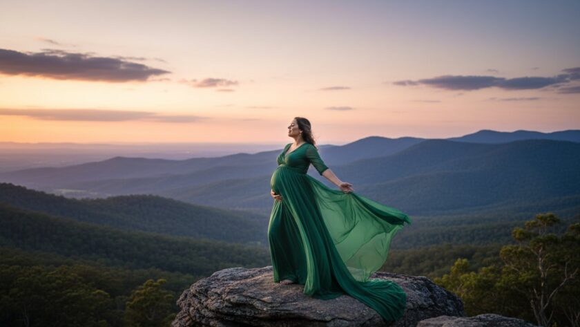 A glowing expectant mother in a flowing gown stands silhouetted against a golden sunset over the Dandenong Ranges, capturing dreamy Dandenongs maternity photography Belgrave Heights, Victoria.