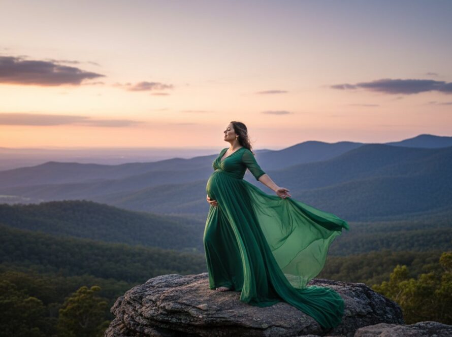 A glowing expectant mother in a flowing gown stands silhouetted against a golden sunset over the Dandenong Ranges, capturing dreamy Dandenongs maternity photography Belgrave Heights, Victoria.