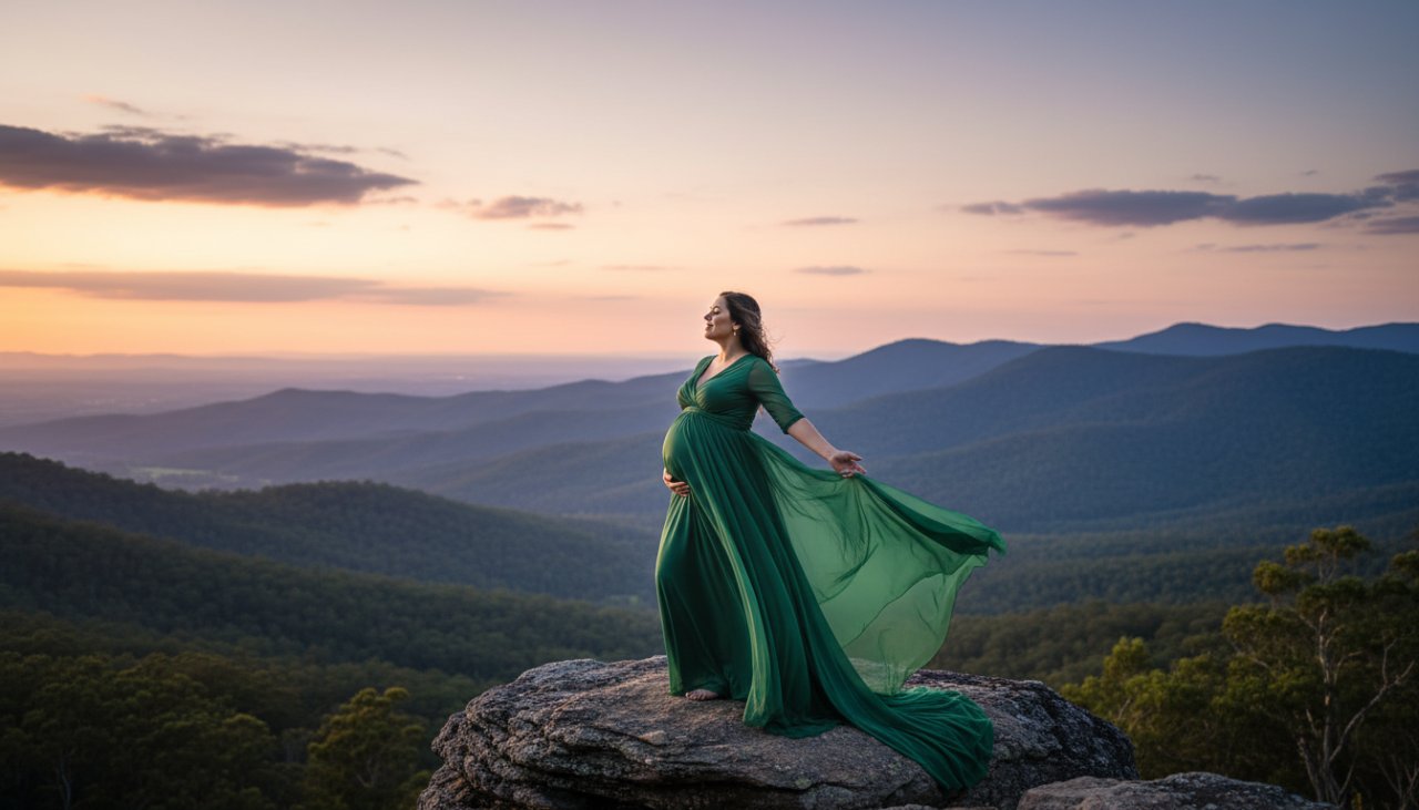 A glowing expectant mother in a flowing gown stands silhouetted against a golden sunset over the Dandenong Ranges, capturing dreamy Dandenongs maternity photography Belgrave Heights, Victoria.