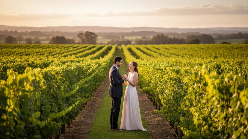 A couple shares a tender kiss amidst the golden hour glow of a vineyard in Seville East, Victoria, capturing their dreamy engagement photos Seville East Victoria with stunning natural light.