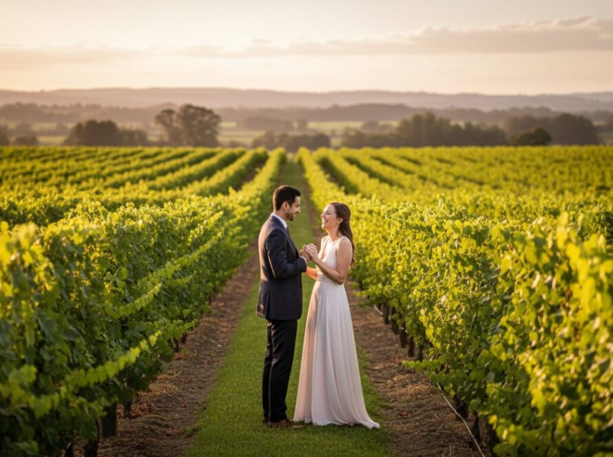 A couple shares a tender kiss amidst the golden hour glow of a vineyard in Seville East, Victoria, capturing their dreamy engagement photos Seville East Victoria with stunning natural light.
