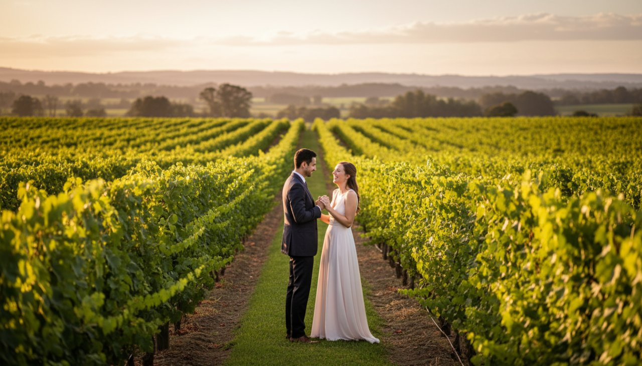 A couple shares a tender kiss amidst the golden hour glow of a vineyard in Seville East, Victoria, capturing their dreamy engagement photos Seville East Victoria with stunning natural light.