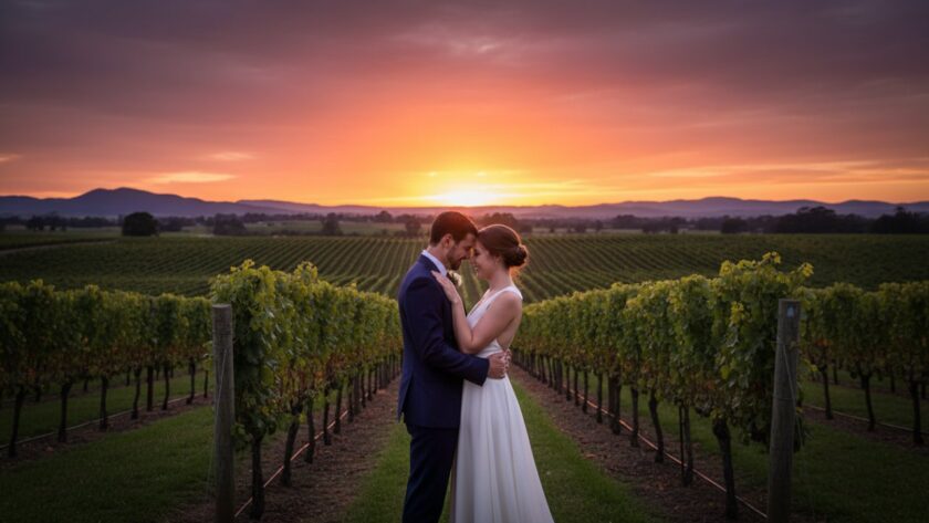 A newly engaged couple sharing a passionate kiss amidst rolling vineyards at sunset during their dreamy Gruyere Yarra Valley engagement photoshoot, with soft golden light highlighting their joyous embrace and the distant Dandenong Ranges.