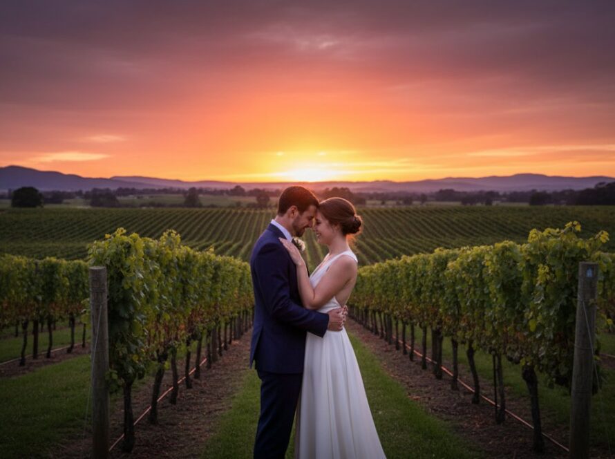 A newly engaged couple sharing a passionate kiss amidst rolling vineyards at sunset during their dreamy Gruyere Yarra Valley engagement photoshoot, with soft golden light highlighting their joyous embrace and the distant Dandenong Ranges.