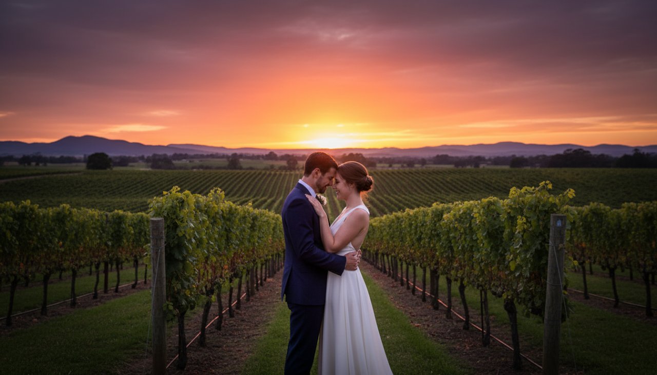 A newly engaged couple sharing a passionate kiss amidst rolling vineyards at sunset during their dreamy Gruyere Yarra Valley engagement photoshoot, with soft golden light highlighting their joyous embrace and the distant Dandenong Ranges.