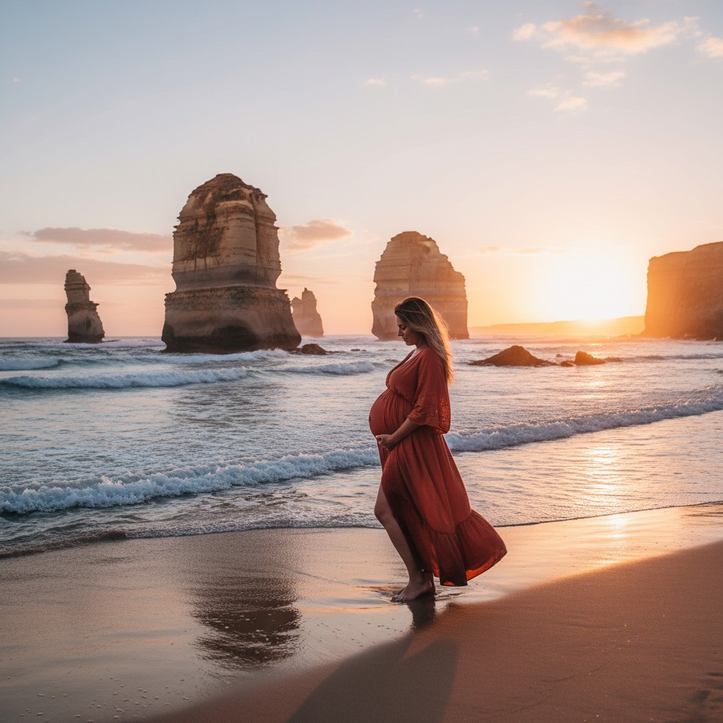 A pregnant woman in her second trimester, wearing a flowing, earthy-toned dress, standing on a sandy beach at sunset with iconic Australian rock formations (e.g., Twelve Apostles-like) in the background. The scene should be calm, natural, and highlight the beauty of the Australian environment. No text.