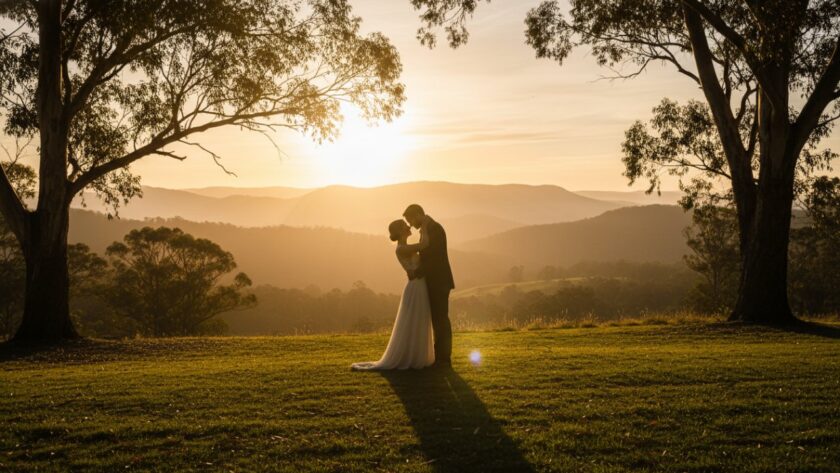 A couple shares a tender, intimate embrace at sunset, silhouetted against the dramatic Dandenong Ranges landscape, highlighting dreamy Menzies Creek pre-wedding photoshoot locations. Golden hour glow bathes the scene in warmth, capturing an epic moment of love and anticipation.