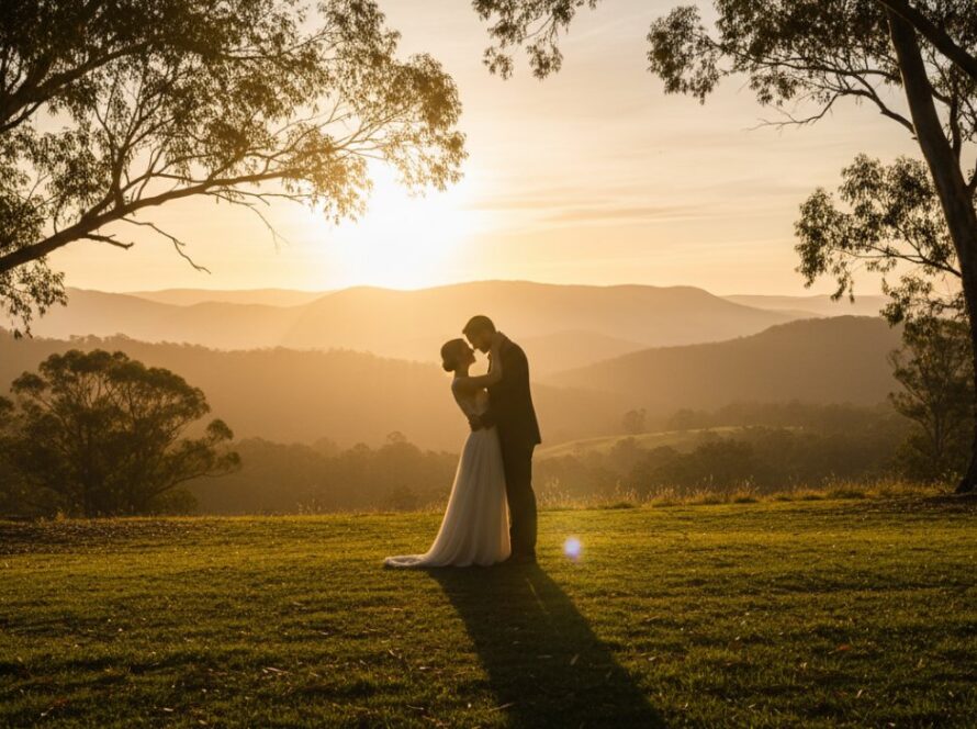 A couple shares a tender, intimate embrace at sunset, silhouetted against the dramatic Dandenong Ranges landscape, highlighting dreamy Menzies Creek pre-wedding photoshoot locations. Golden hour glow bathes the scene in warmth, capturing an epic moment of love and anticipation.