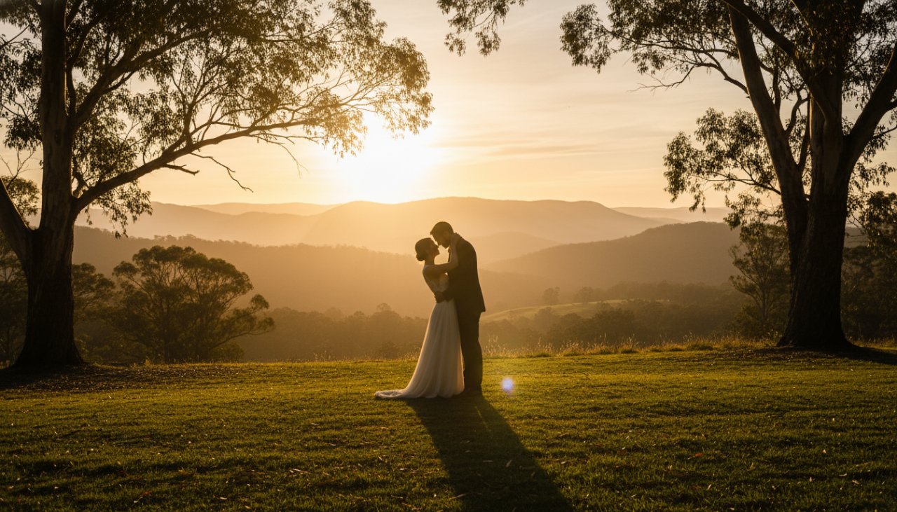 A couple shares a tender, intimate embrace at sunset, silhouetted against the dramatic Dandenong Ranges landscape, highlighting dreamy Menzies Creek pre-wedding photoshoot locations. Golden hour glow bathes the scene in warmth, capturing an epic moment of love and anticipation.