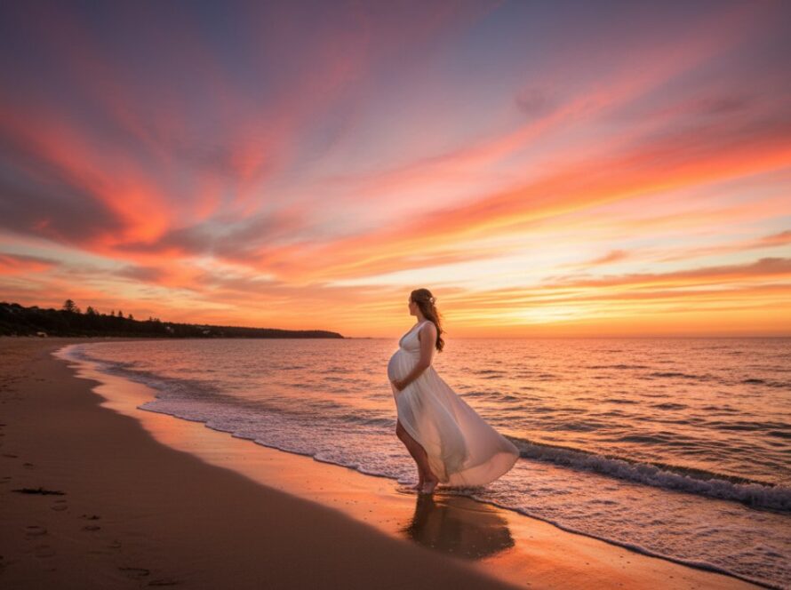 An epic moment from a dreamy Mornington sunset maternity photoshoot, featuring a glowing pregnant woman silhouetted against a vibrant orange and purple sky on the beach, with gentle waves at her feet.