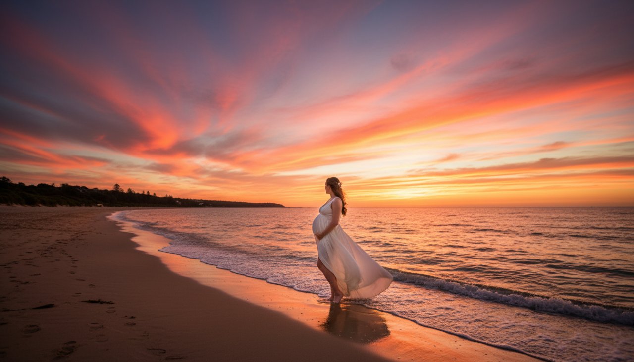 An epic moment from a dreamy Mornington sunset maternity photoshoot, featuring a glowing pregnant woman silhouetted against a vibrant orange and purple sky on the beach, with gentle waves at her feet.