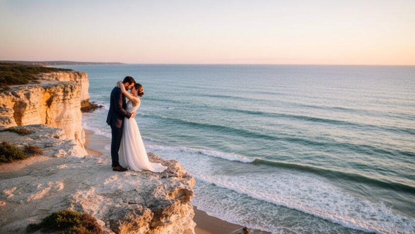 An epic, panoramic shot capturing a couple embracing on the Mount Martha coastline at sunset, with the golden hour light illuminating their romantic dreamy Mount Martha pre-wedding photoshoot Victoria, showcasing the dramatic cliffs and sparkling ocean.