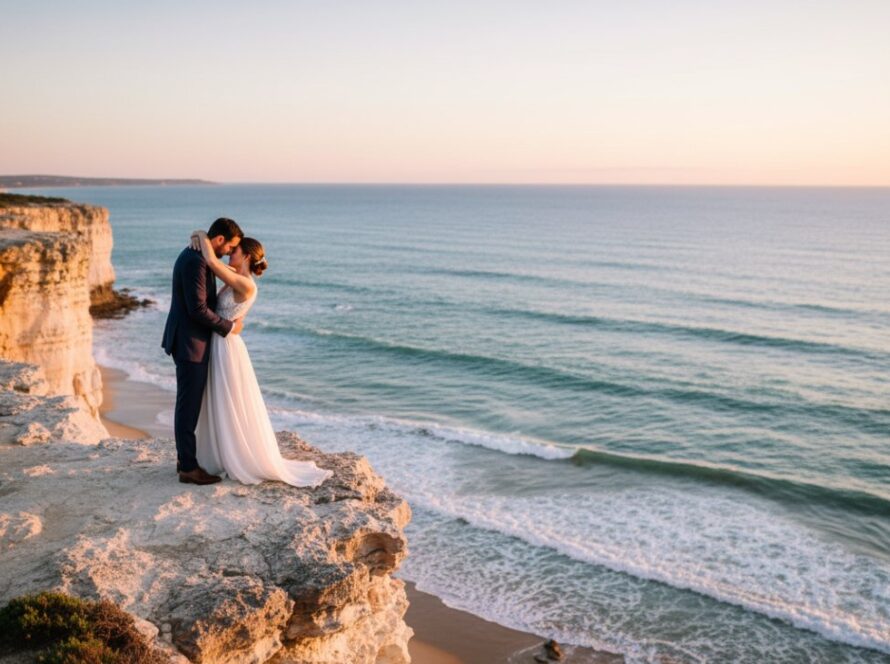 An epic, panoramic shot capturing a couple embracing on the Mount Martha coastline at sunset, with the golden hour light illuminating their romantic dreamy Mount Martha pre-wedding photoshoot Victoria, showcasing the dramatic cliffs and sparkling ocean.