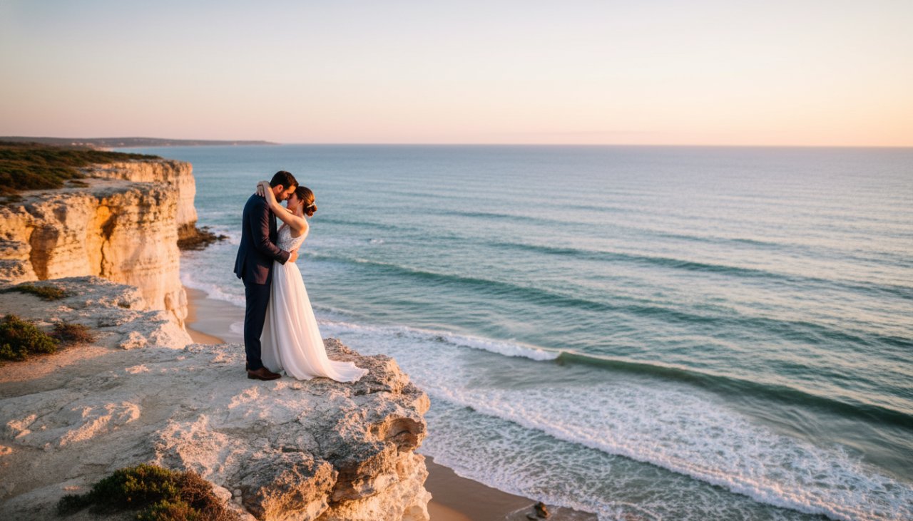 An epic, panoramic shot capturing a couple embracing on the Mount Martha coastline at sunset, with the golden hour light illuminating their romantic dreamy Mount Martha pre-wedding photoshoot Victoria, showcasing the dramatic cliffs and sparkling ocean.