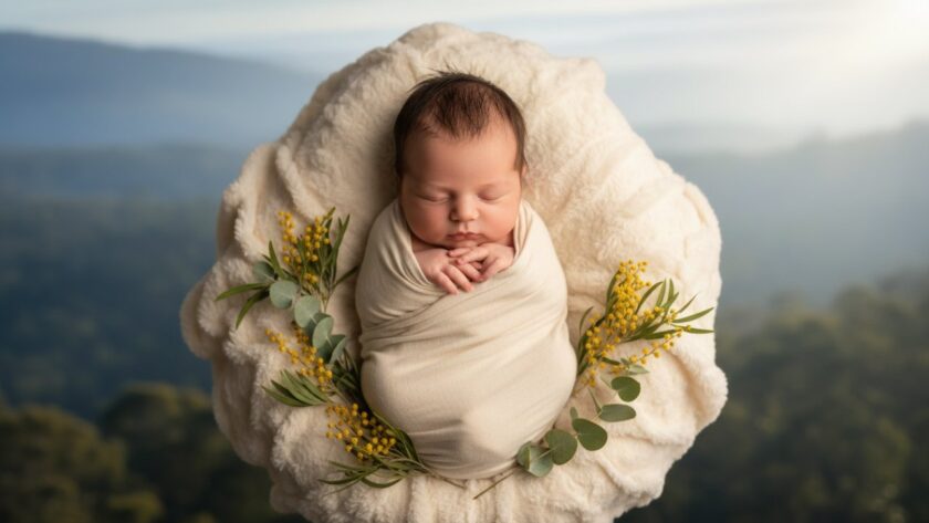 An ethereal, close-up portrait showcasing the delicate features of a sleeping newborn baby, swaddled in soft, natural fibres, bathed in gentle, warm sunlight filtering through eucalyptus leaves, capturing the serene and dreamy essence of newborn photography in Tecoma, Victoria.