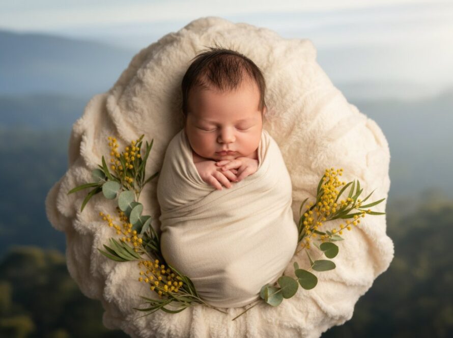 An ethereal, close-up portrait showcasing the delicate features of a sleeping newborn baby, swaddled in soft, natural fibres, bathed in gentle, warm sunlight filtering through eucalyptus leaves, capturing the serene and dreamy essence of newborn photography in Tecoma, Victoria.