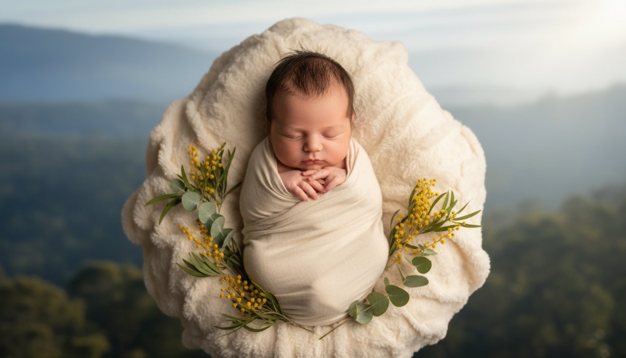 An ethereal, close-up portrait showcasing the delicate features of a sleeping newborn baby, swaddled in soft, natural fibres, bathed in gentle, warm sunlight filtering through eucalyptus leaves, capturing the serene and dreamy essence of newborn photography in Tecoma, Victoria.