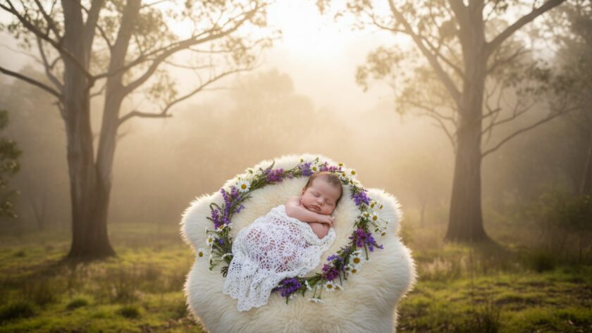 A heartwarming, cinematic wide shot of a baby sleeping peacefully in a rustic, handcrafted wooden crib, positioned in a sun-dappled clearing amidst the lush, rolling hills of Selby, Victoria, with a soft, ethereal light filtering through the eucalypt trees, evoking dreamy newborn portraits Selby hills style.
