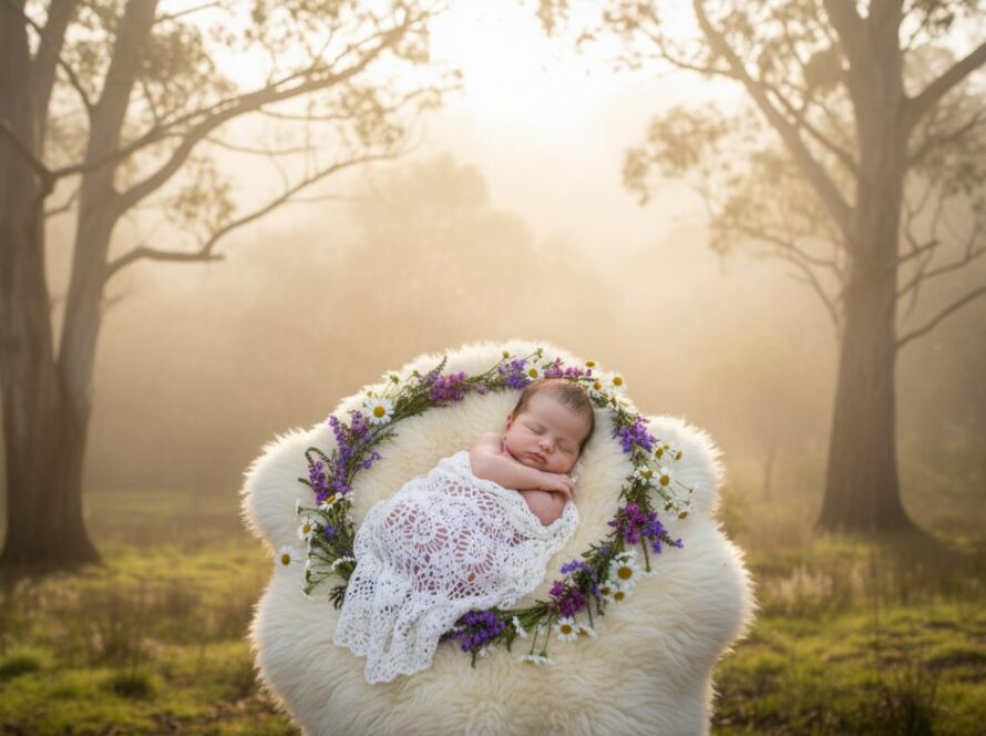 A heartwarming, cinematic wide shot of a baby sleeping peacefully in a rustic, handcrafted wooden crib, positioned in a sun-dappled clearing amidst the lush, rolling hills of Selby, Victoria, with a soft, ethereal light filtering through the eucalypt trees, evoking dreamy newborn portraits Selby hills style.