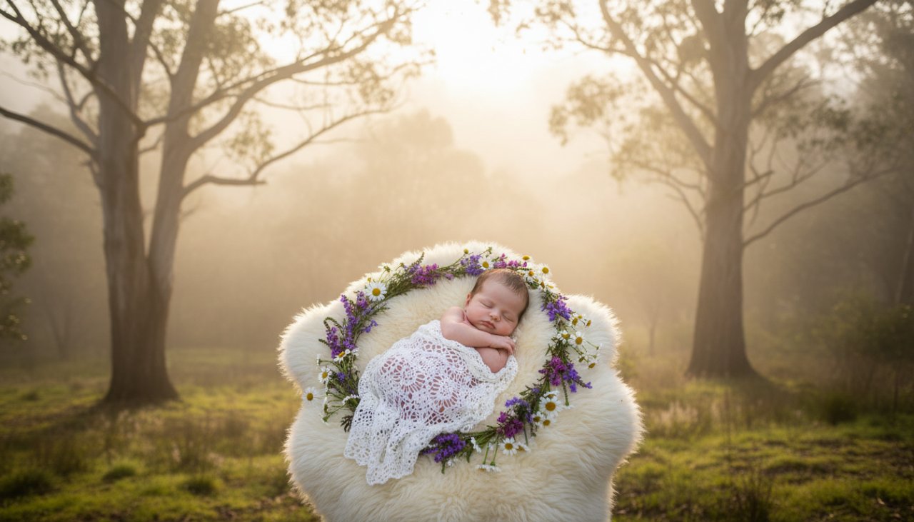 A heartwarming, cinematic wide shot of a baby sleeping peacefully in a rustic, handcrafted wooden crib, positioned in a sun-dappled clearing amidst the lush, rolling hills of Selby, Victoria, with a soft, ethereal light filtering through the eucalypt trees, evoking dreamy newborn portraits Selby hills style.