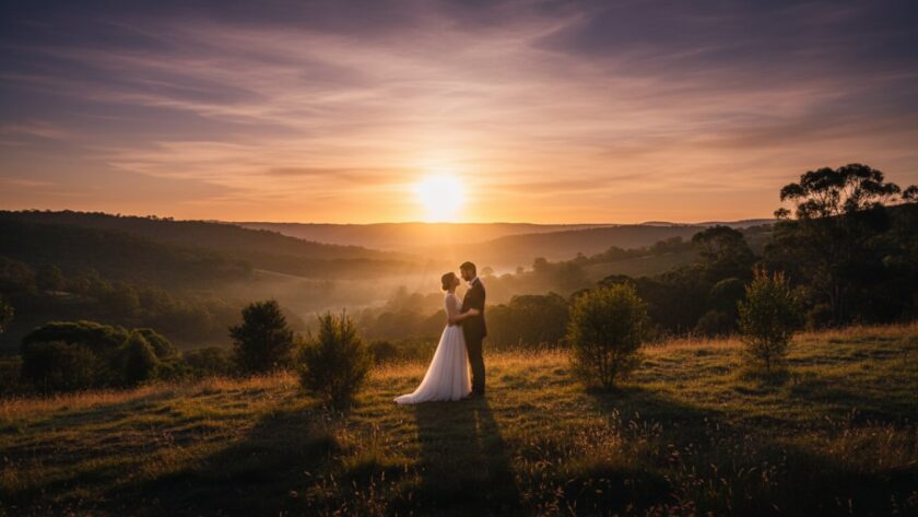 A couple shares a tender, dreamy pre-wedding photography Chum Creek Victoria moment at sunset, embraced by the golden light amidst rolling hills and native bushland, an epic scene of romantic connection.