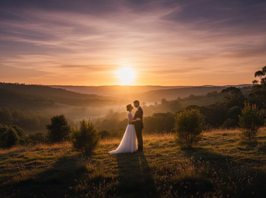 A couple shares a tender, dreamy pre-wedding photography Chum Creek Victoria moment at sunset, embraced by the golden light amidst rolling hills and native bushland, an epic scene of romantic connection.
