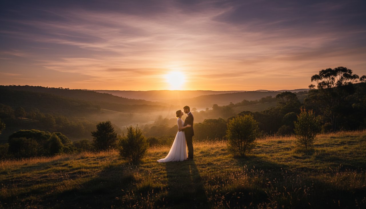 A couple shares a tender, dreamy pre-wedding photography Chum Creek Victoria moment at sunset, embraced by the golden light amidst rolling hills and native bushland, an epic scene of romantic connection.