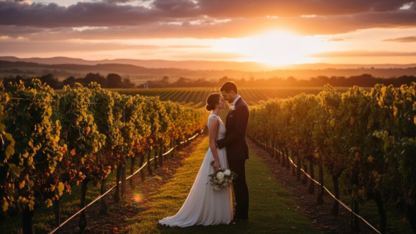 An epic, wide-angle shot of a couple sharing a dreamy pre-wedding photography moment in Yering, Victoria vineyards at sunset, with golden light illuminating the rows of grapevines and distant rolling hills, captured in a cinematic style.