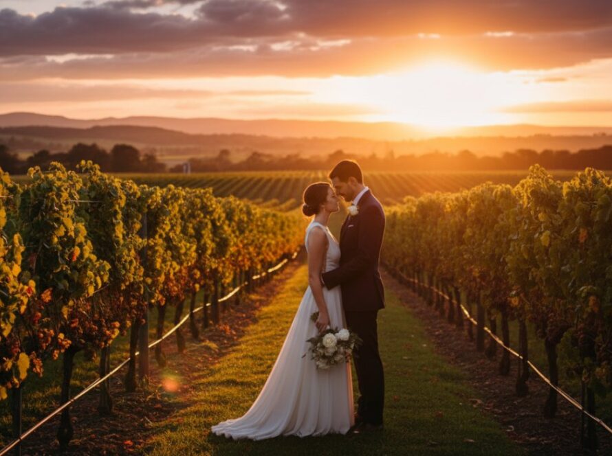 An epic, wide-angle shot of a couple sharing a dreamy pre-wedding photography moment in Yering, Victoria vineyards at sunset, with golden light illuminating the rows of grapevines and distant rolling hills, captured in a cinematic style.