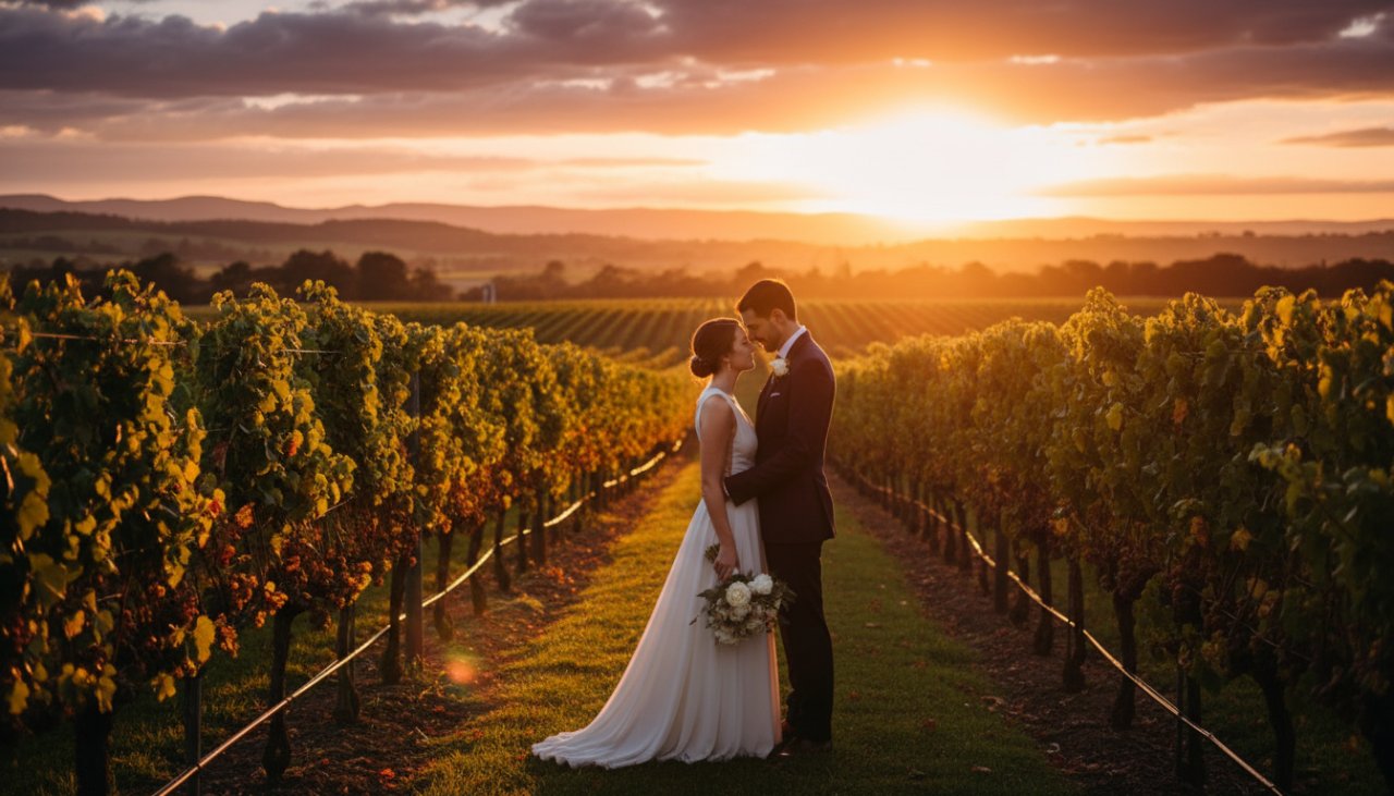An epic, wide-angle shot of a couple sharing a dreamy pre-wedding photography moment in Yering, Victoria vineyards at sunset, with golden light illuminating the rows of grapevines and distant rolling hills, captured in a cinematic style.