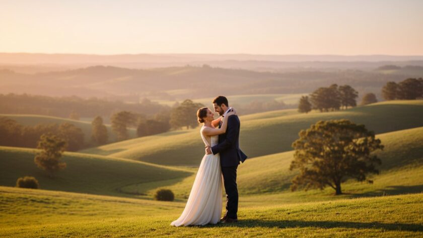 A couple embraces tenderly at sunset, silhouetted against the Yarra Valley hills, capturing dreamy pre-wedding photos in Badger Creek, Victoria. Golden hour light bathes the romantic scene.