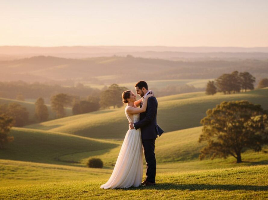 A couple embraces tenderly at sunset, silhouetted against the Yarra Valley hills, capturing dreamy pre-wedding photos in Badger Creek, Victoria. Golden hour light bathes the romantic scene.