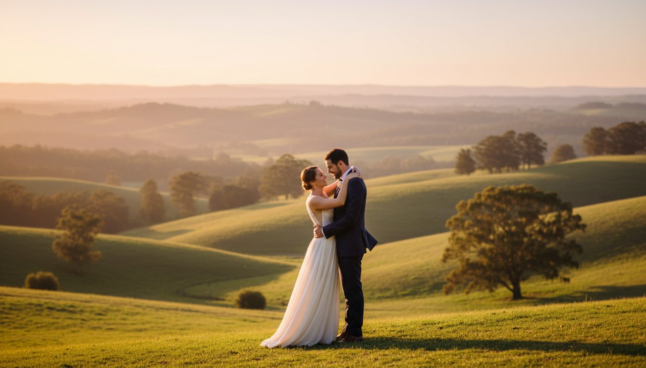 A couple embraces tenderly at sunset, silhouetted against the Yarra Valley hills, capturing dreamy pre-wedding photos in Badger Creek, Victoria. Golden hour light bathes the romantic scene.