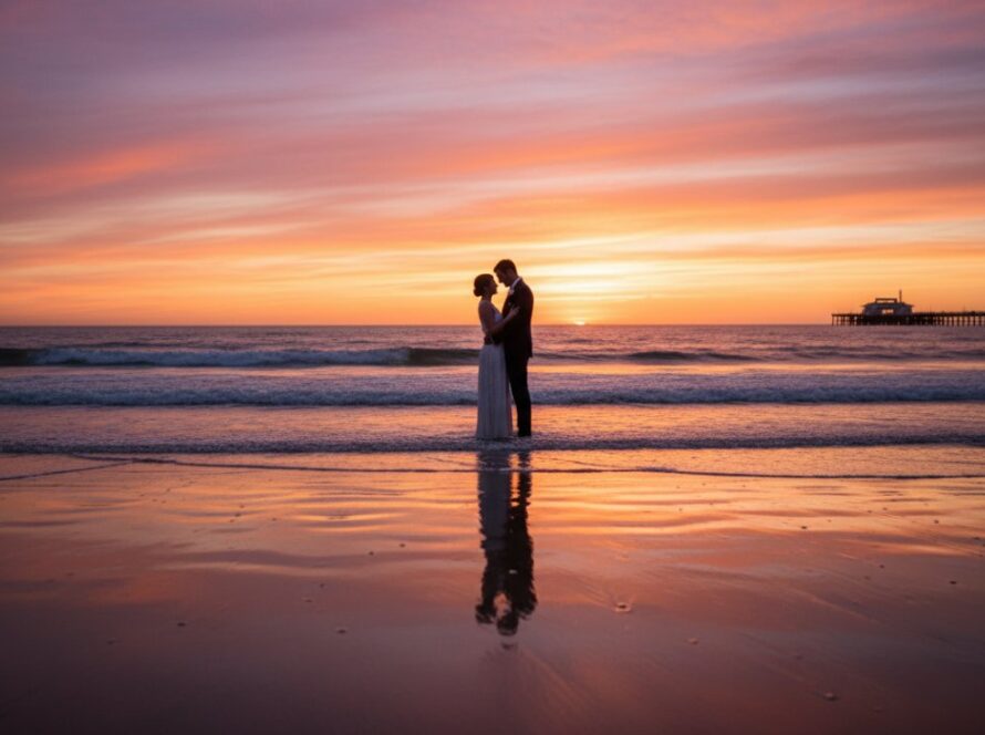 A romantic couple sharing a tender moment on Rosebud Beach at sunset, with golden light reflecting off the calm water, embodying the dreamy Rosebud beach engagement photography aesthetic.