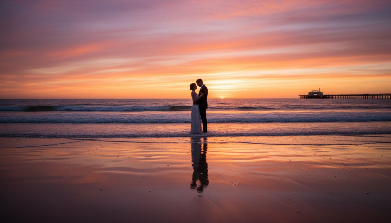 A romantic couple sharing a tender moment on Rosebud Beach at sunset, with golden light reflecting off the calm water, embodying the dreamy Rosebud beach engagement photography aesthetic.