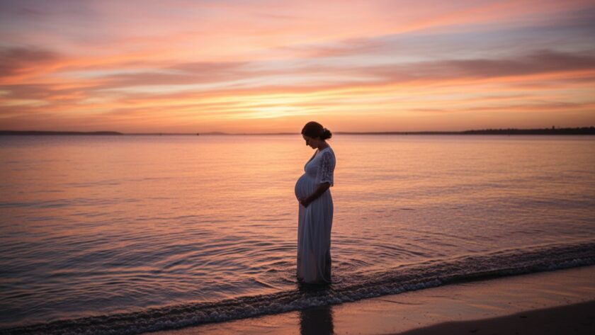 A glowing expectant mother embracing her bump during a dreamy Safety Beach maternity photo session at golden hour, silhouetted against a breathtaking coastal sunset with gentle waves on the shore, capturing an epic moment of serene beauty.