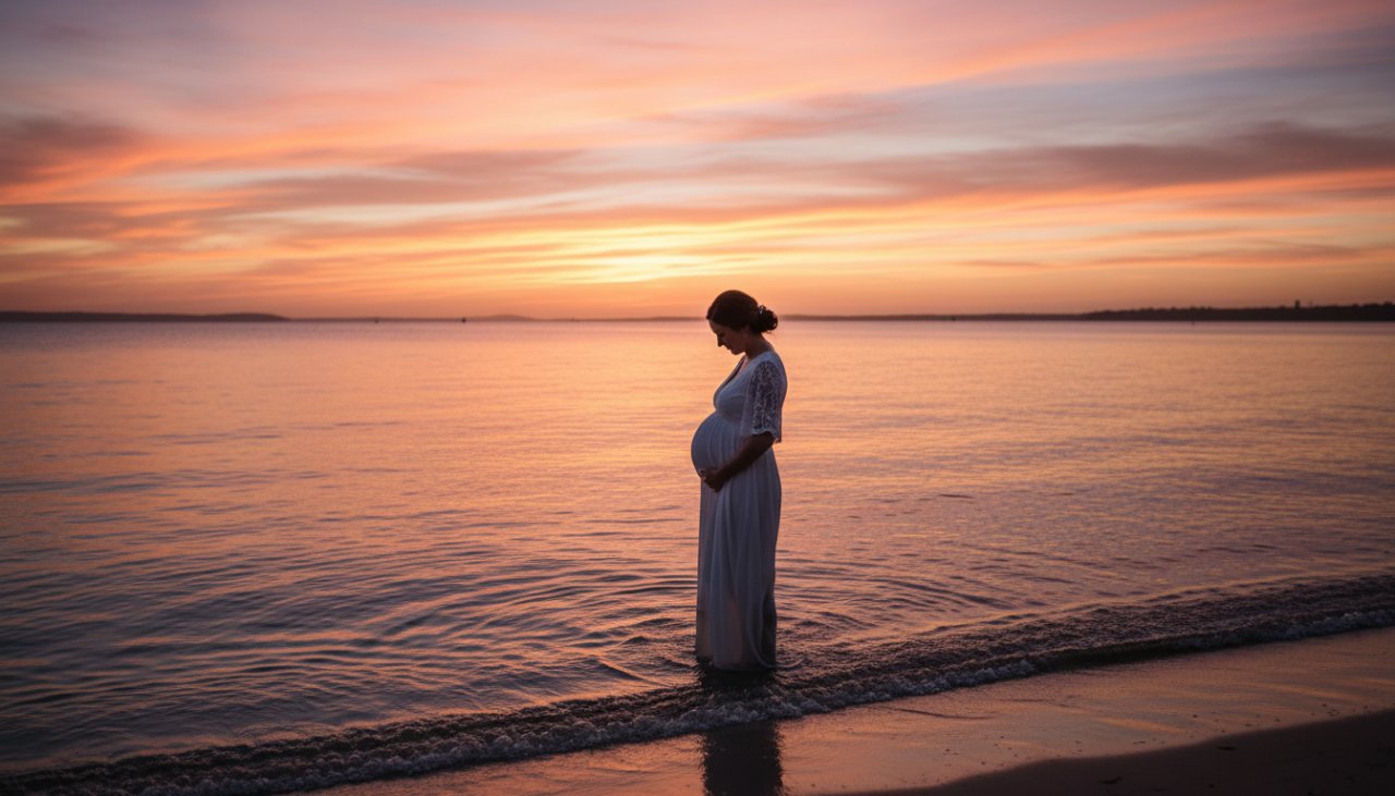 A glowing expectant mother embracing her bump during a dreamy Safety Beach maternity photo session at golden hour, silhouetted against a breathtaking coastal sunset with gentle waves on the shore, capturing an epic moment of serene beauty.