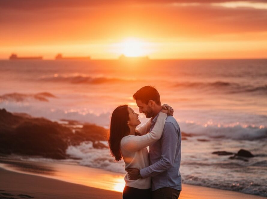 A couple embraces tenderly at sunset on a Somers beach, ocean waves gently lapping, capturing their dreamy Somers pre-wedding photography Victoria, with golden light reflecting on the water and dramatic clouds overhead.