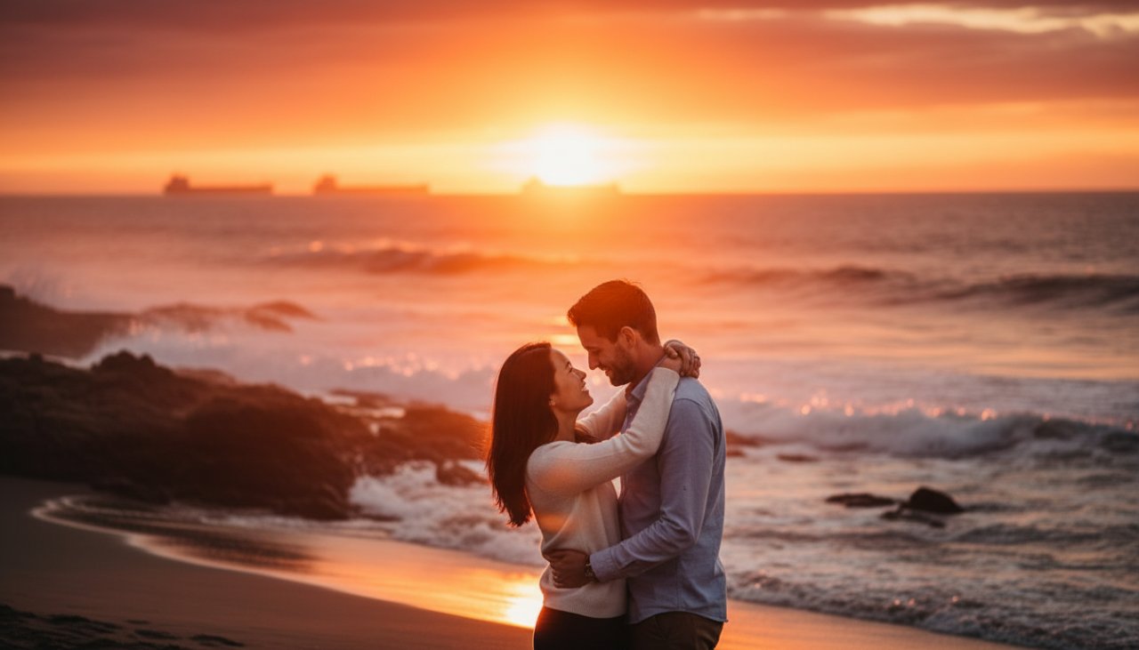 A couple embraces tenderly at sunset on a Somers beach, ocean waves gently lapping, capturing their dreamy Somers pre-wedding photography Victoria, with golden light reflecting on the water and dramatic clouds overhead.